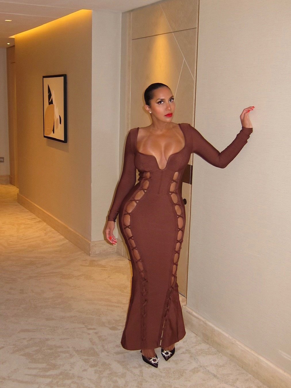 Image of BROWN CRISS-CROSS CUTOUT BANDAGE MAXI DRESS (XS)