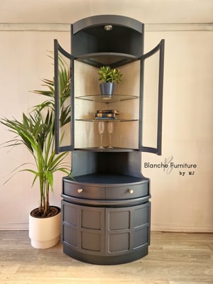 Image of Nathan Corner Drinks Cabinet unit with light - Midnight Blue with Orange Art deco lining