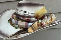 Image 2 of 2 Tone Brown Cowboy Hat Yellow Multi Colored Bandanna, Bead & Feather Band