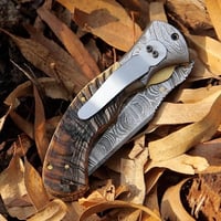 Image 5 of 9" Handmade Damascus Steel Folding Pocket Knife with Ram’s Horn Handle & Cowhide Leather Sheath