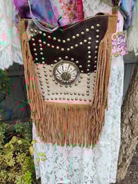 Image 2 of Yellowstone cowboy print suede fringe choc brown and cream