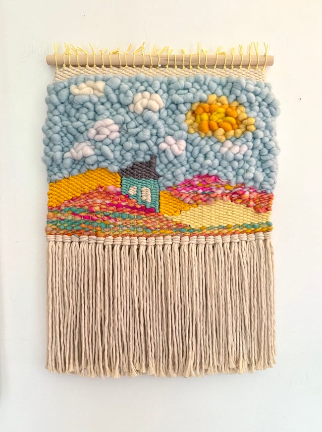Little Blue House & Sunshine. Woven wall hanging.