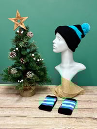 Image 1 of 4 in 1 Hat & Handwarmer Set, Size S (Teen - Small Adult) Aqua, White & Black 