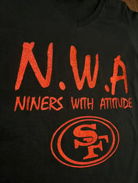 Image 2 of WOMEN’S N.W.A BLACK V-NECK SHIRT, SHINY GLITTER RED LETTERS