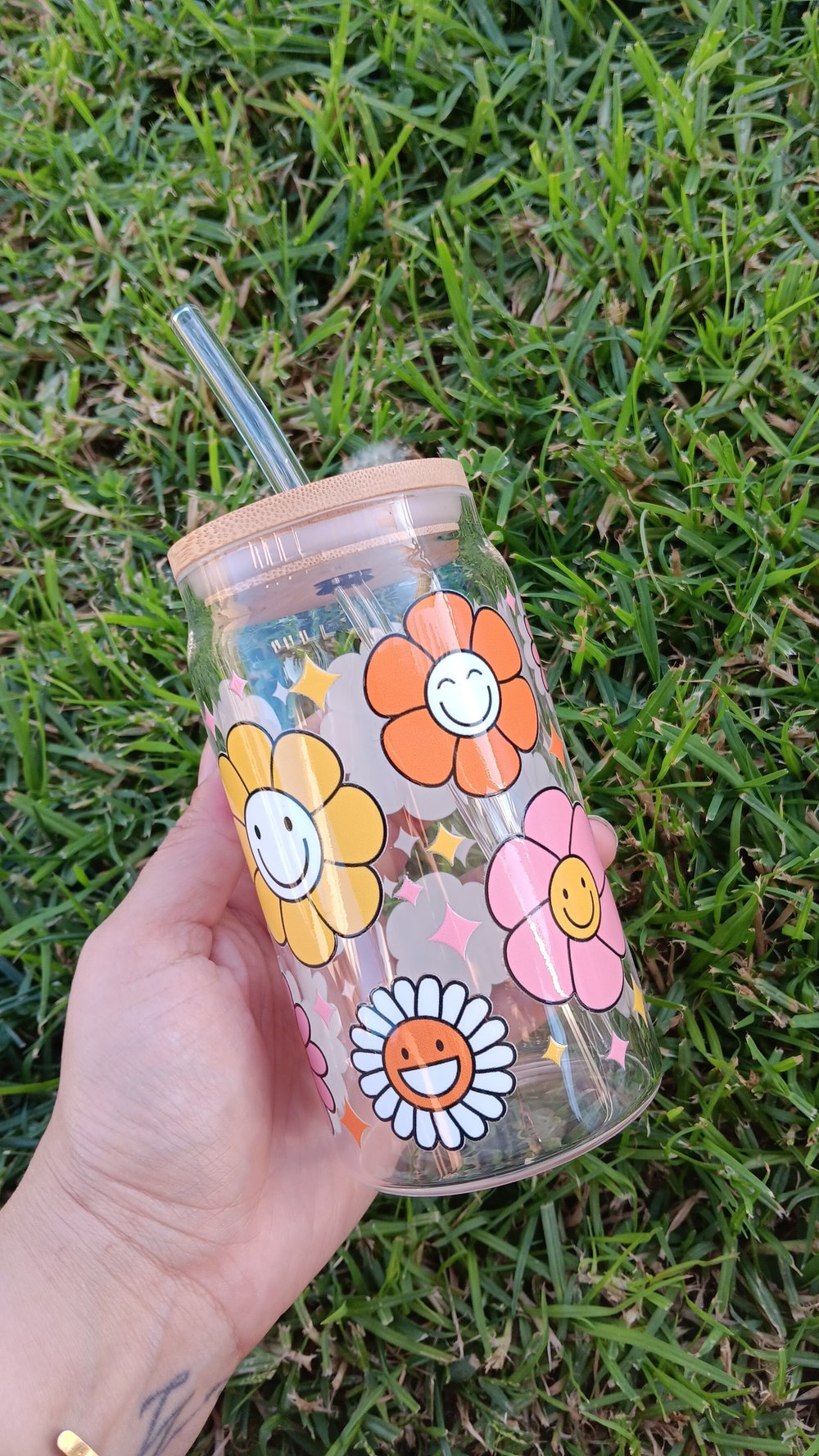 Image of Groovy flowers glass can READY TO SHIP