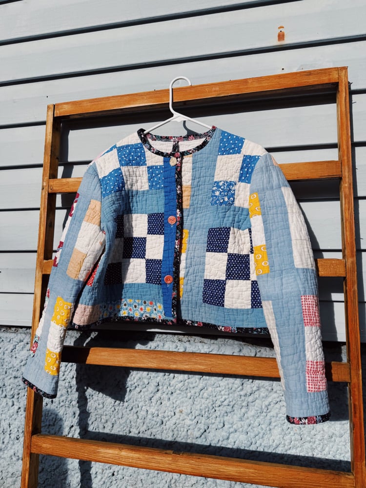 Image of Quilt Collared Cropped Coat — Slate Patchwork