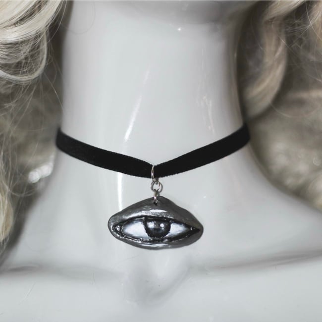 ✩ WHIMSYGOTH VELVET CHOKER ♡ Sculpted Black + Silver Eye ✩₊˚