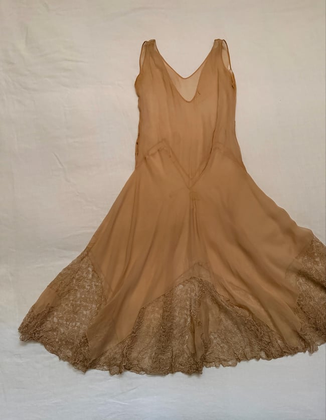 antique 20s tissue silk chiffon and chantilly lace ethereal dress 30s slip 