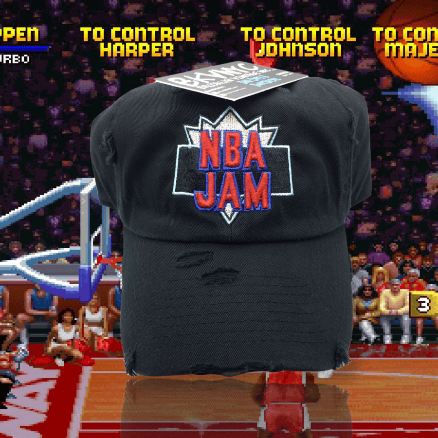 Image of Black Distressed NBA Jam Dad Cap Hat