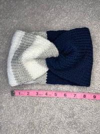 Image 3 of "Twist & Shout” – Blue, White & Gray Hand-Knit Ear Warmer