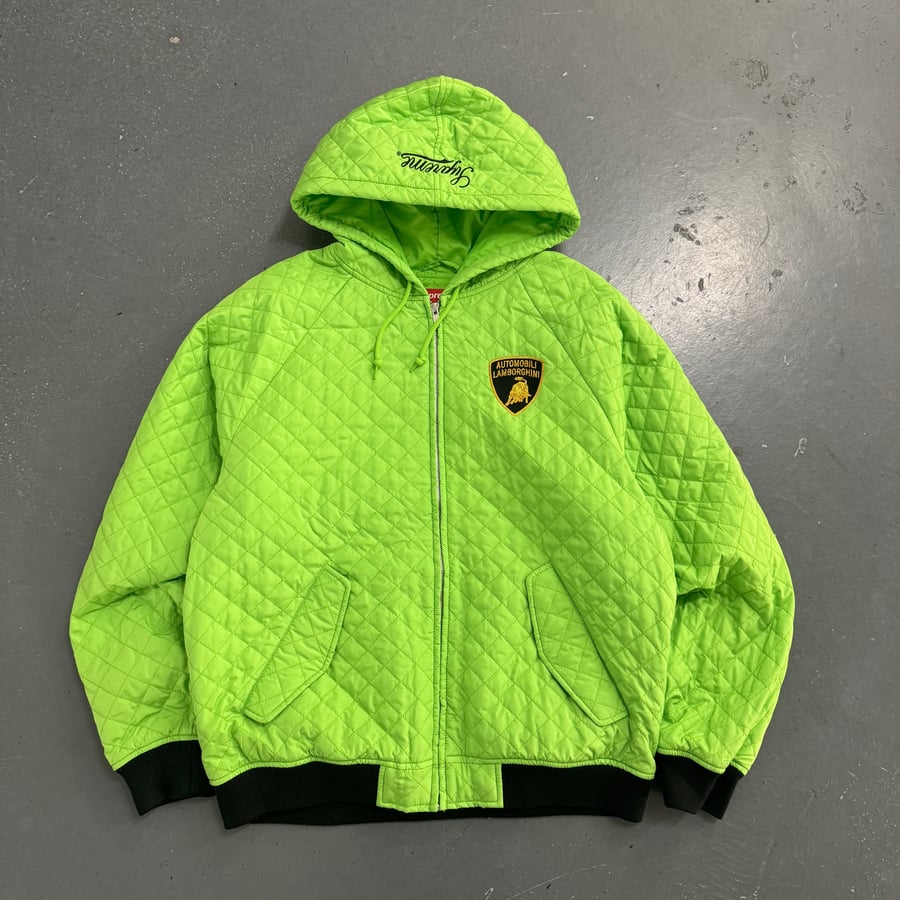 Image of Supreme Lamborghini Quilted Hooded Work Jacket, size large