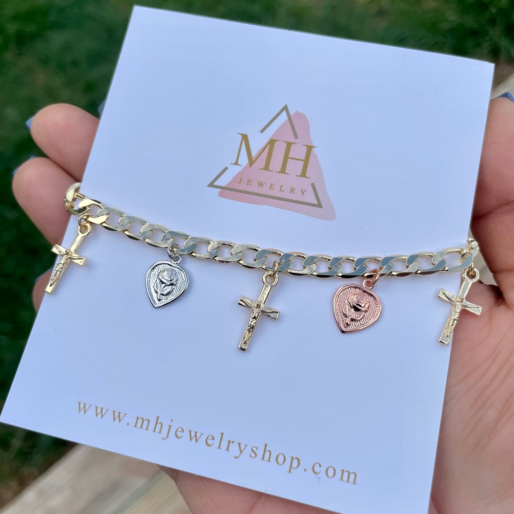 Cross with Heart/Rose charm bracelet