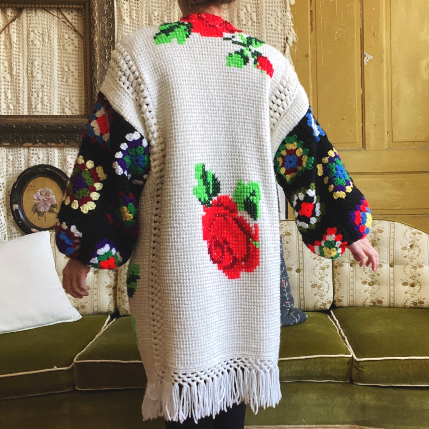 Image of Red Rose w/ Black Sleeves Granny Sweater