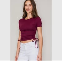 Image 1 of Ruched Side Tie Crew Neck Short SleeveKnit Top