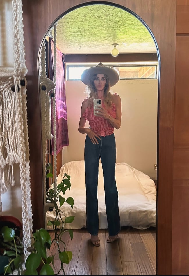 70s gingham shoulder tie top