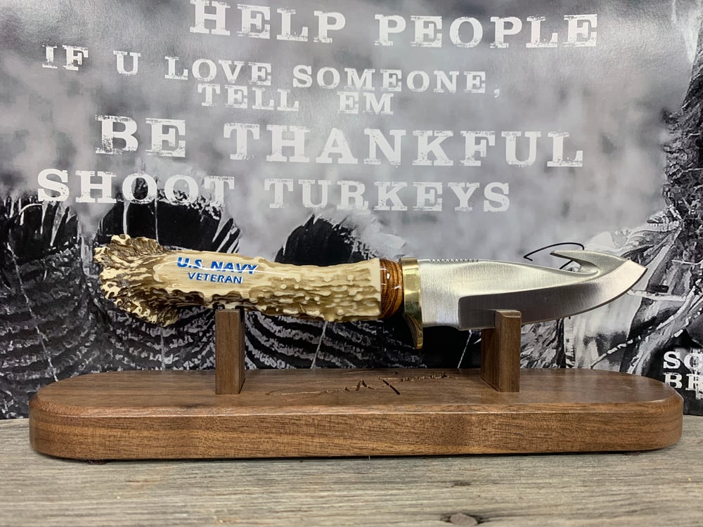 Image of US Navy Veteran Replica Antler handled Knife with Stand