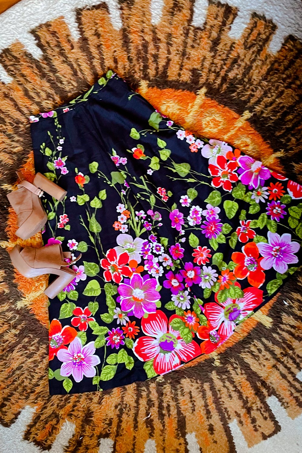 Black maxi skirt (large purple/red flowers)