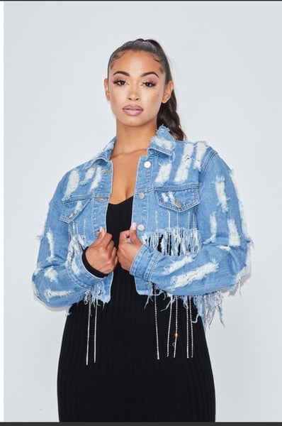 Image of Distressed Rhinestone Denim Jacket