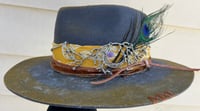 Image 3 of Handmade Torch Burned Yellow Fedora Hat, Yellow, Silver and Peacock Feather Band 