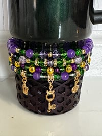 Image 1 of Mardi Gras Tumbler Bracelet Stack – Green, Purple & Gold