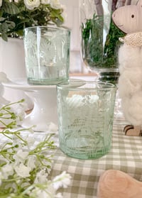 Image 1 of SALE! Green Floral Glass Candle Holders ( Set or Singles )