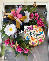 Image 1 of Welcome Butterfly & Floral Wreath with Bow - Pink, White, Yellow, Navy