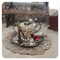Image 1 of Handmade pin cushion in a vintage cup sitting on a beautiful vintage tray