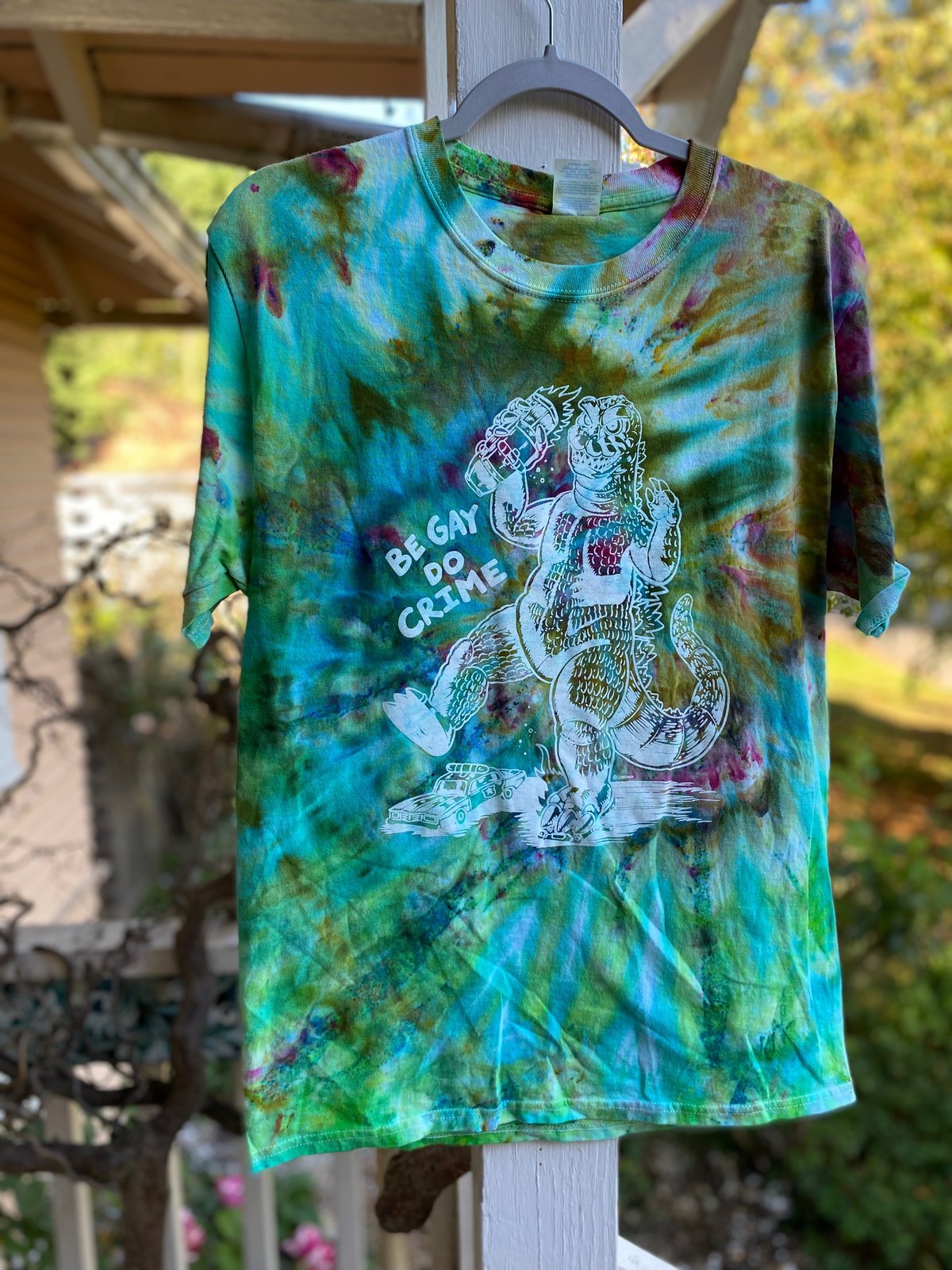 Image of MEDIUM Godzilla Be Gay Do Crime Tie Dye Shirt 3