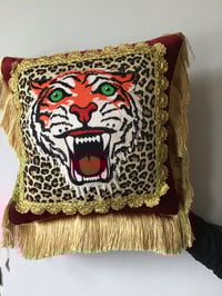 Image 11 of Red Velvet Leopard Tiger Patch Fringed Cushion Cover