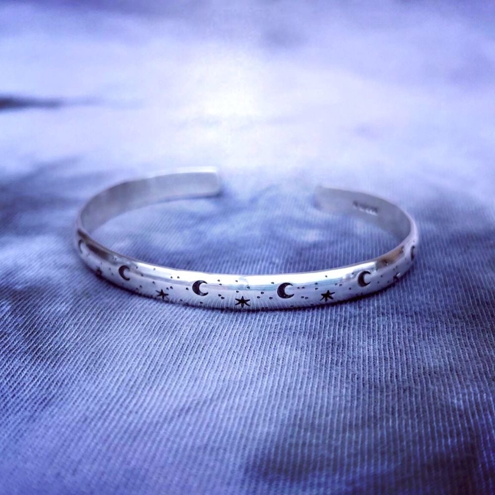 Image of 2 Silver Bracelets Aztec And Moon And Stars Sterling Silver 925