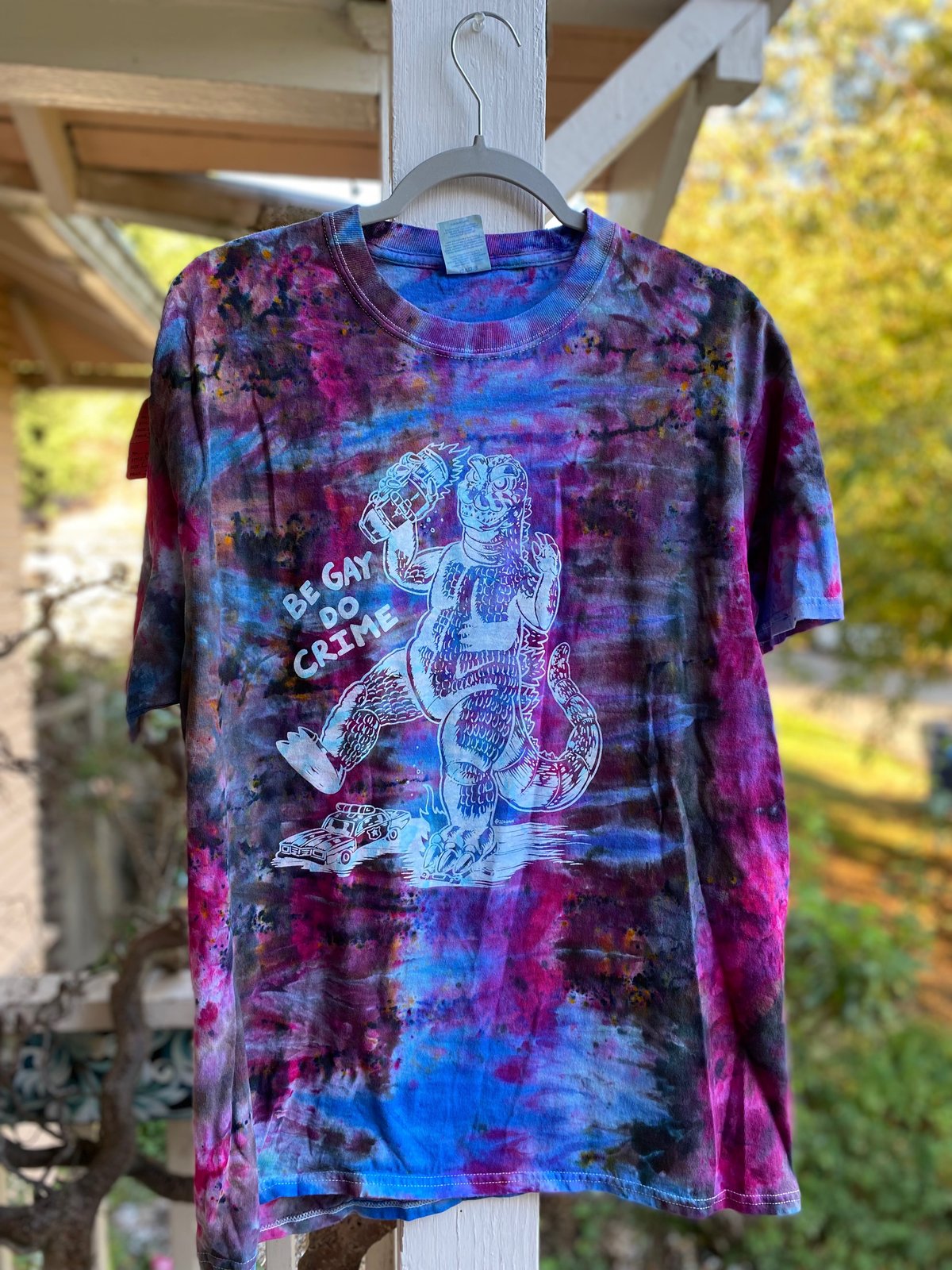 Image of LARGE Godzilla Be Gay Do Crime Tie Dye Shirt 2