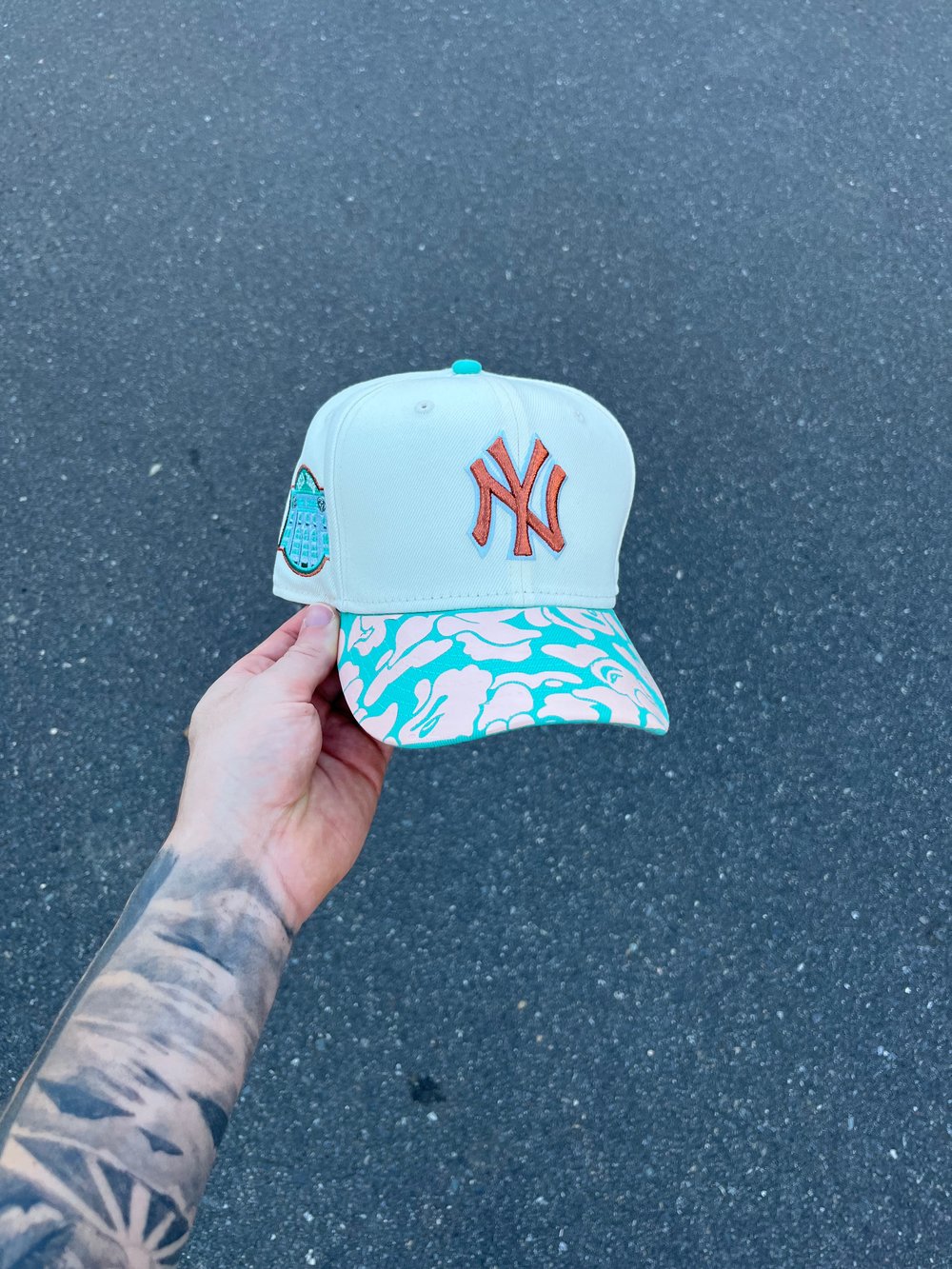 Image of  MULTI TONE TEAL PEACH NY YANKEES CUSTOM FITTED CAP