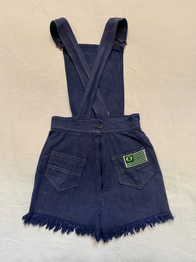 1960s denim short overalls with peace and ecology environmental patches