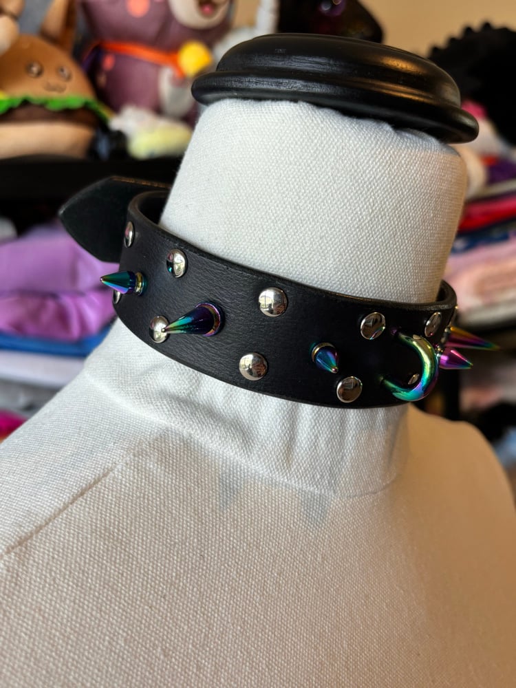 Image of Rainbow Spiked Black Leather Collar