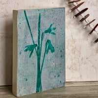 Image 4 of Botanical Monotype ~ Snowdrops, Turquoise, Cyan ~ 4x6 Inch Birch Panel 