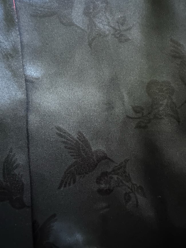 70s satin jacquard trouser set, red lining and hummingbird jacquard 