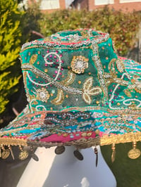 Image 3 of Dolly cowboy hat - recycled sari fabric green pop of pink