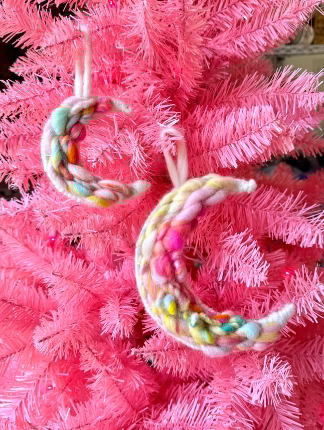 Candy crescent ornament moon set. Woven wall hangings.