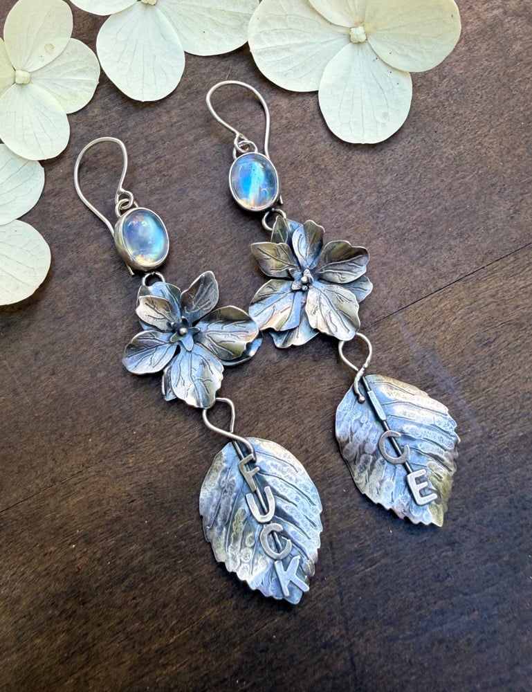 Image of Stargazer Hydrangea Flower "FUCK ICE" Rainbow Moonstone Earrings