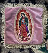 Image 3 of Pink Velvet Cushion with Virgin of Guadalupe appliqué patch