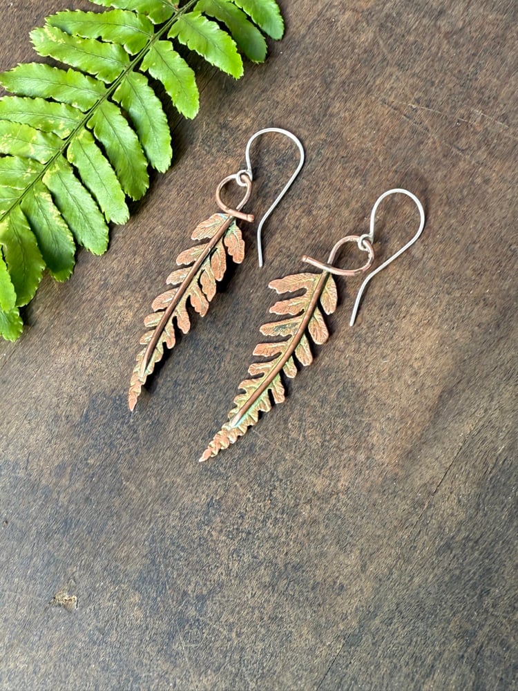 Image of Green Patina Copper Autumn Fern Dangle Earrings