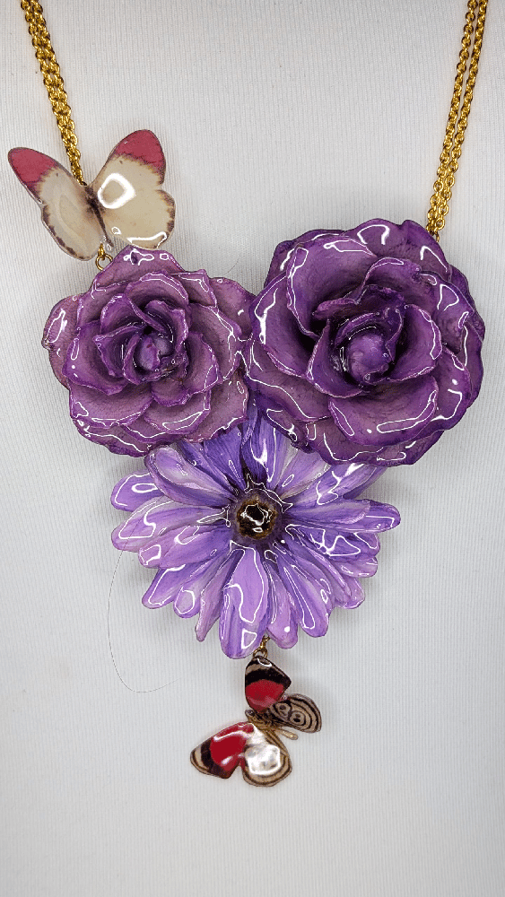Image of OOAK Purple Rose & Art Butterfly Necklace 