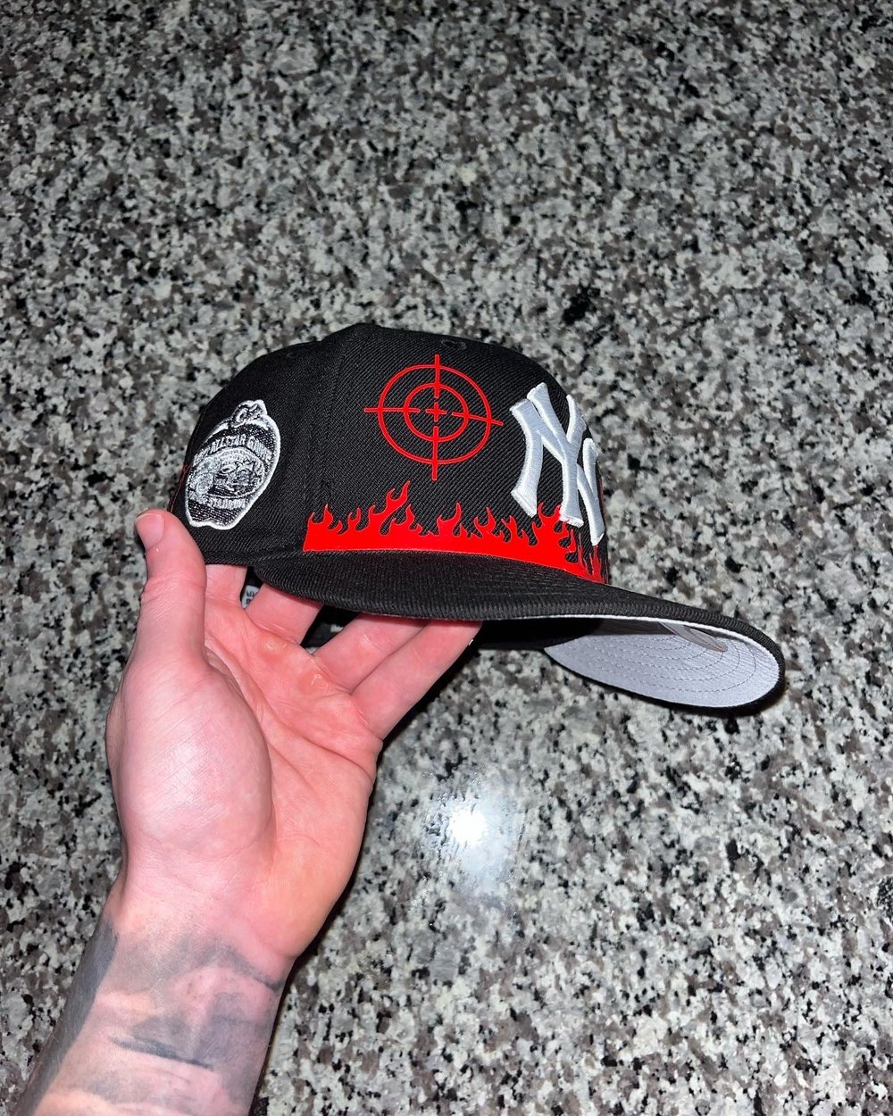 Image of GREY BRIM DANGEROUS LOVE YANKEES CUSTOM FITTED CAP