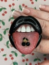 PHONE GRIP - Black Lips With Gold And Black Rhinestone Cherries