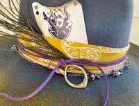 Image 4 of Handmade Torch Burned Yellow/Gray Fedora Hat, Playing Card, Bead & Feather Band 