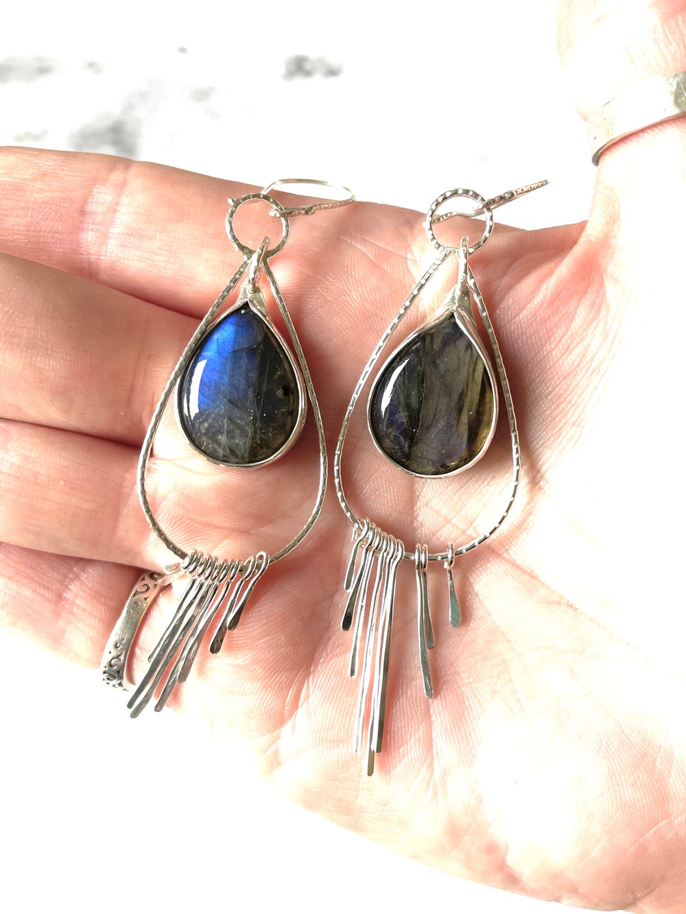 Handmade Sterling Silver Dangly Tassel Blue Labradorite Earrings 925