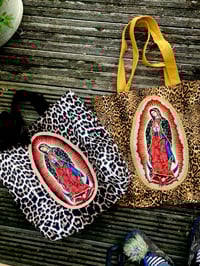 Image 3 of Virgin of Guadalupe leopard shoulder tote bag with choice of 2 