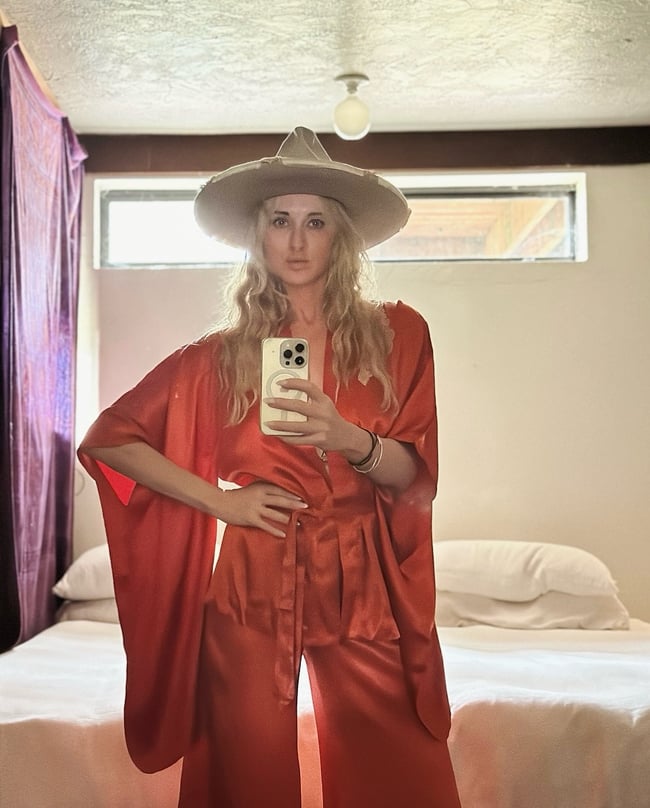 70s red satin kimono trouser suit