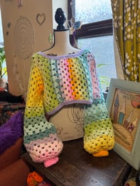 Image 2 of BUBBLE POP - crochet pastel rainbow cropped off shoulder jumper/sweater flared bell sleeve