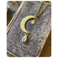 Image 2 of Solid Brass Moon Pendant Necklace - Mini Sun and Mexican Opal
